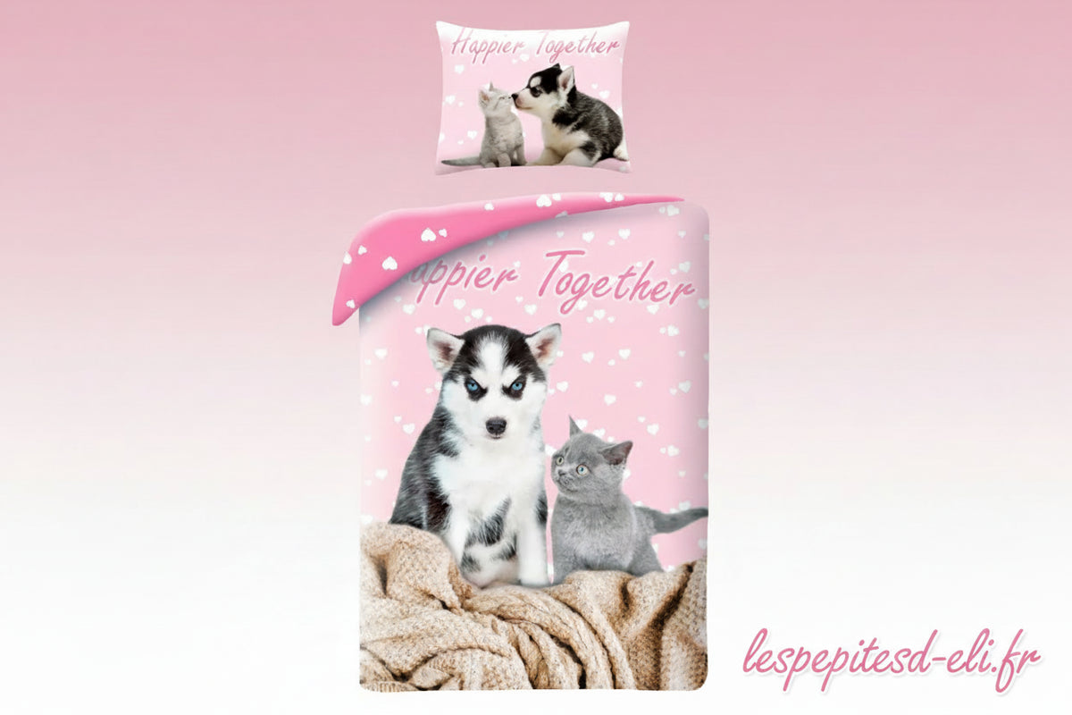 Ensemble de literie « Animaux plus heureux ensemble » (chats et chiens) 140 x 200 cm, 70 x 90 cm