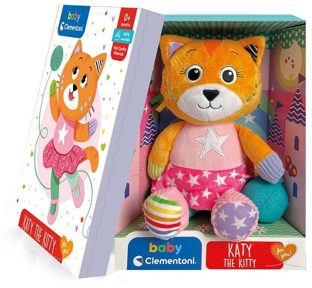 Peluche Clementoni pour bébé, avec différentes matières et oreilles froissées, Katy le chaton, 22 x 30 cm