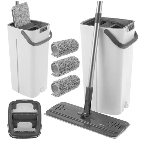 Balai-serpillère plat avec essoreuse, seau à deux compartiments, eau propre et eau sale + 3 inserts