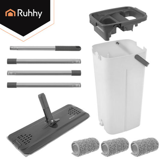Balai-serpillère plat avec essoreuse, seau à deux compartiments, eau propre et eau sale + 3 inserts