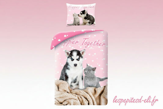 Ensemble de literie « Animaux plus heureux ensemble » (chats et chiens) 140 x 200 cm, 70 x 90 cm